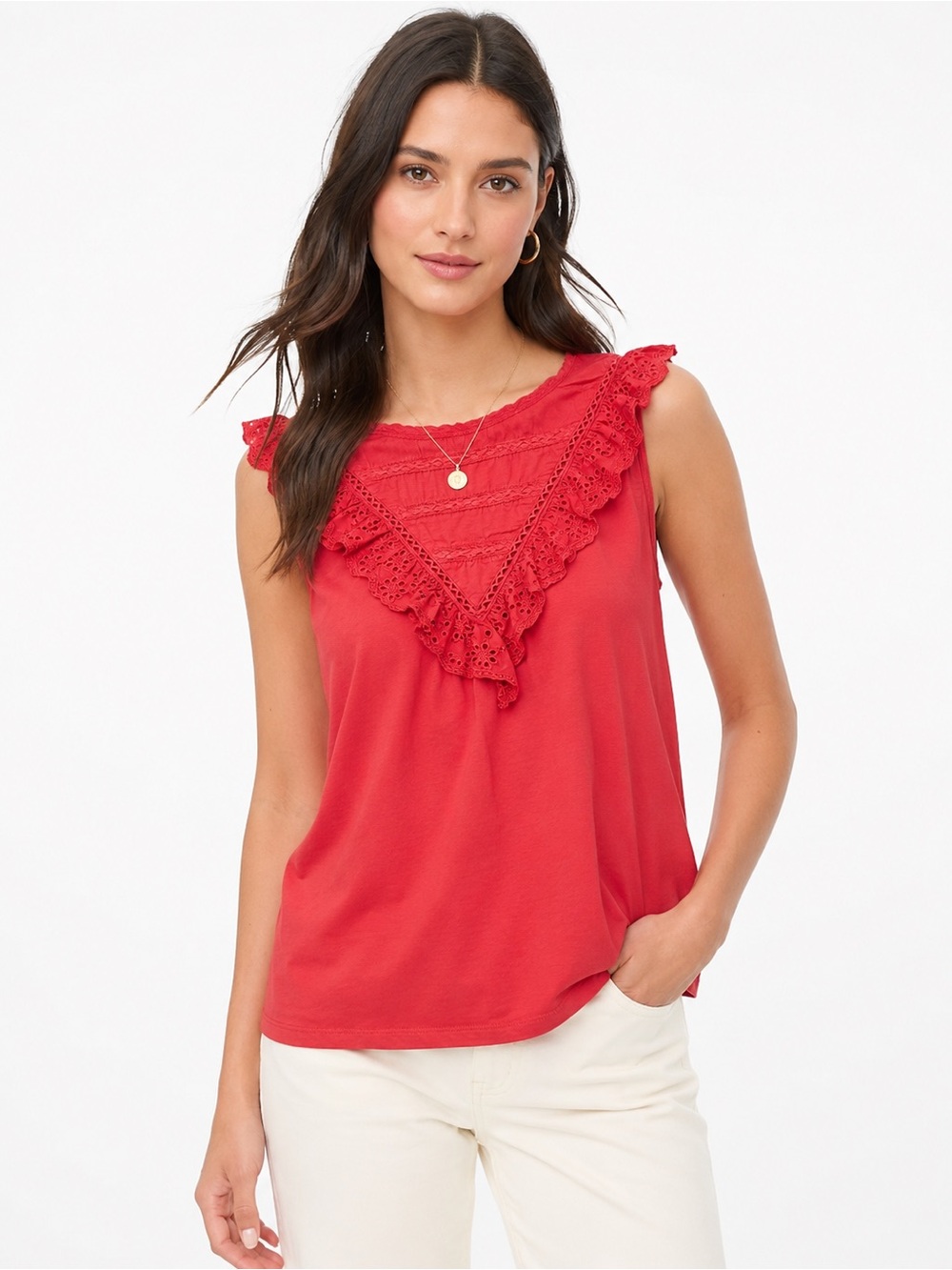 J.Crew Eyelet Ruffle Tank Top Coral Red Sleeveless Cotton XL